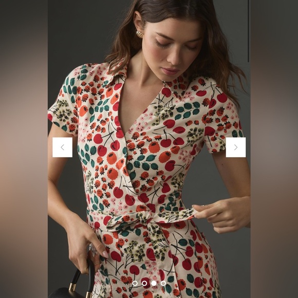 NWT Maeve Linen Short-Sleeve Wrap Romper in Red Motif - Picture 2 of 13